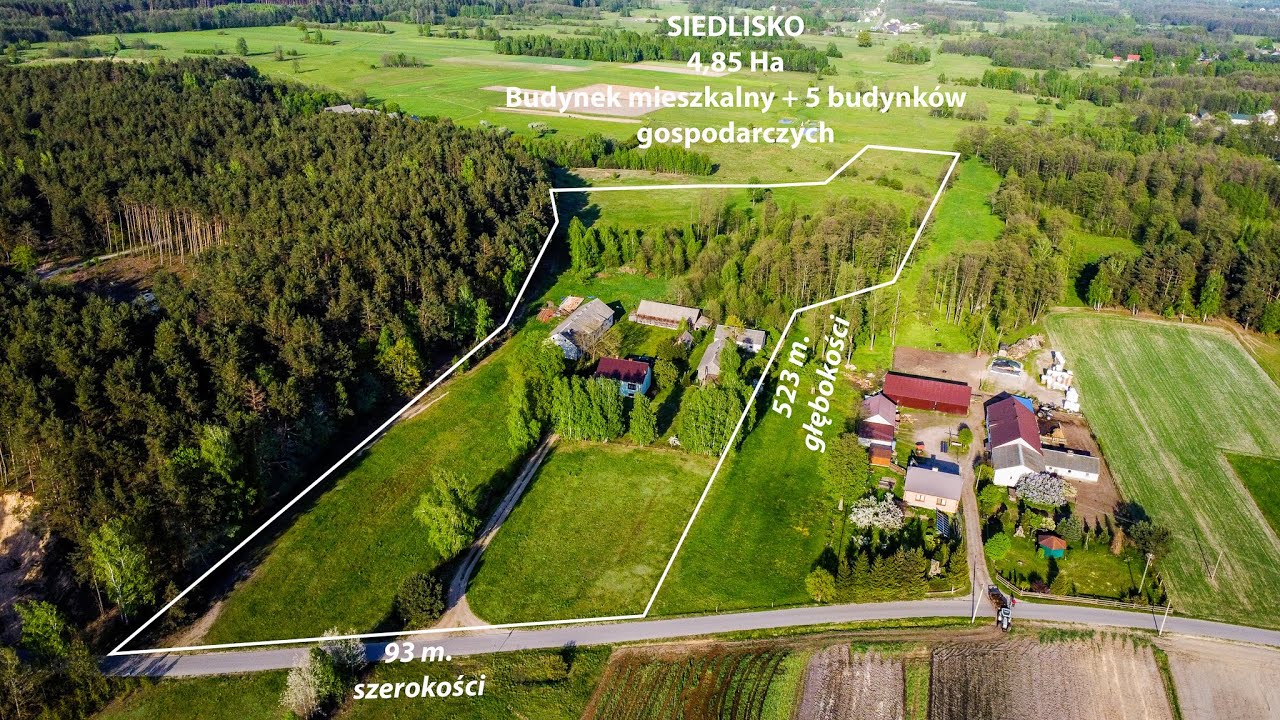 PREZENTACJA dużego SIEDLISKA o powierzchni prawie 5 HA z DOMEM oraz 5 BUDYNKAMI Gospodarczymi