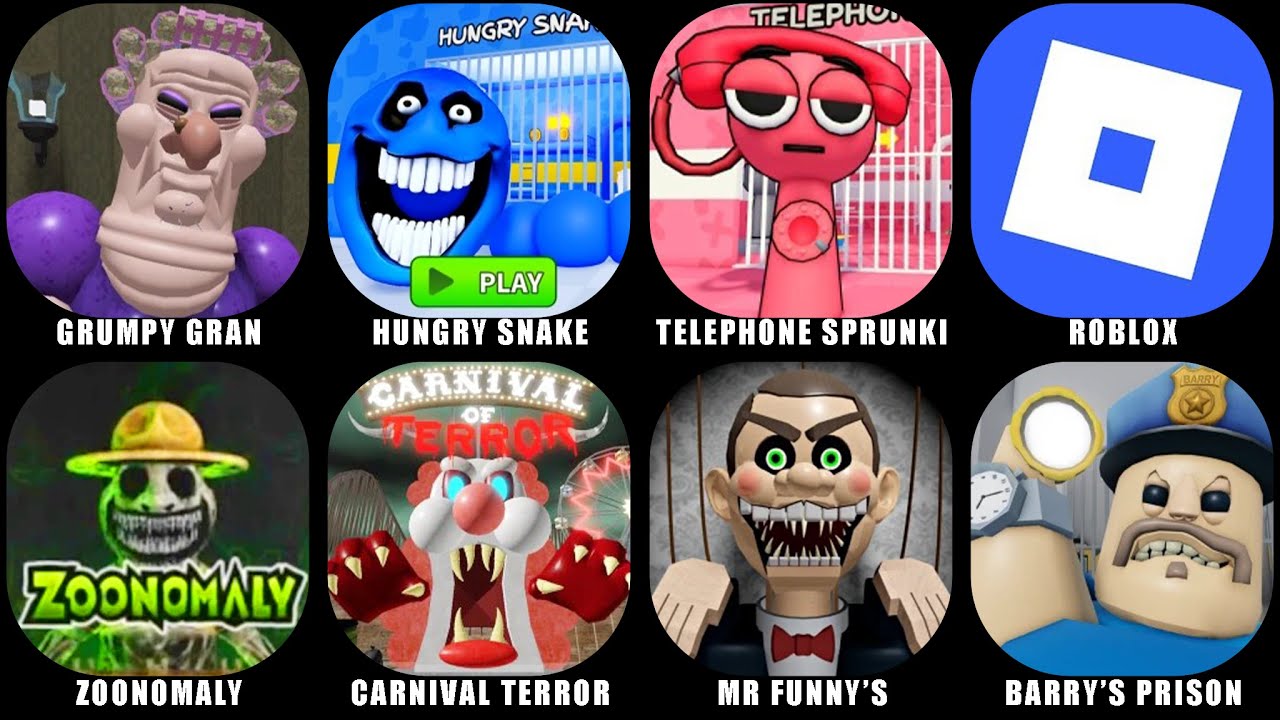 ROBLOX JUMPSCARES: GRUMPY GRAN! (SCARY OBBY), 🐍HUNGRY SNAKE, TELEPHONE SPRUNKI'S, ZOONOMALY BARRY'S!