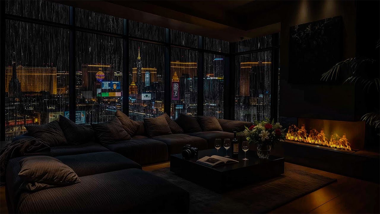 Relaxing Rain & Crackling Fire in the High-rise Apartment Ideal for Meditation, Sleep & Calm Focus