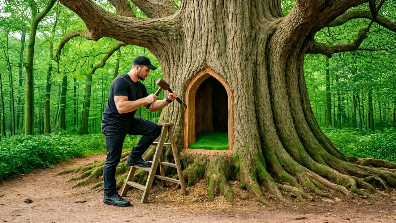 Building a Hidden Forest Shelter Inside a Giant Tree