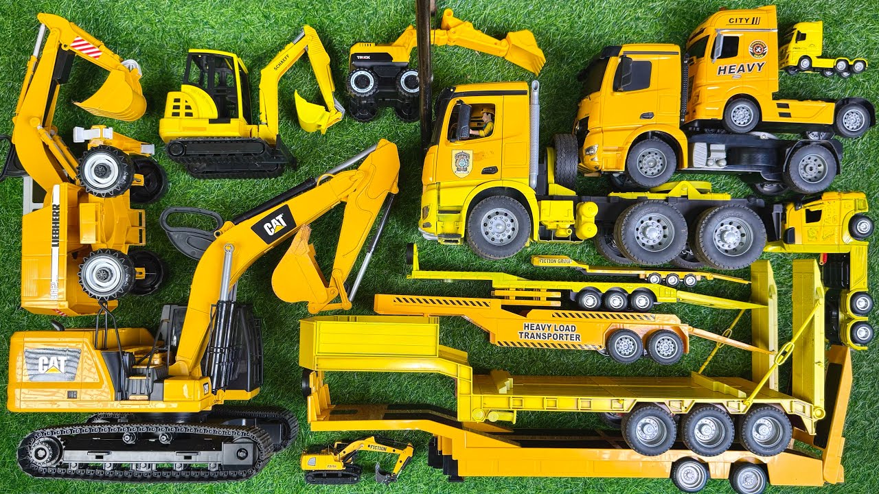 Mencocokkan Pasangan Trailer Truk dan Excavator Warna Kuning