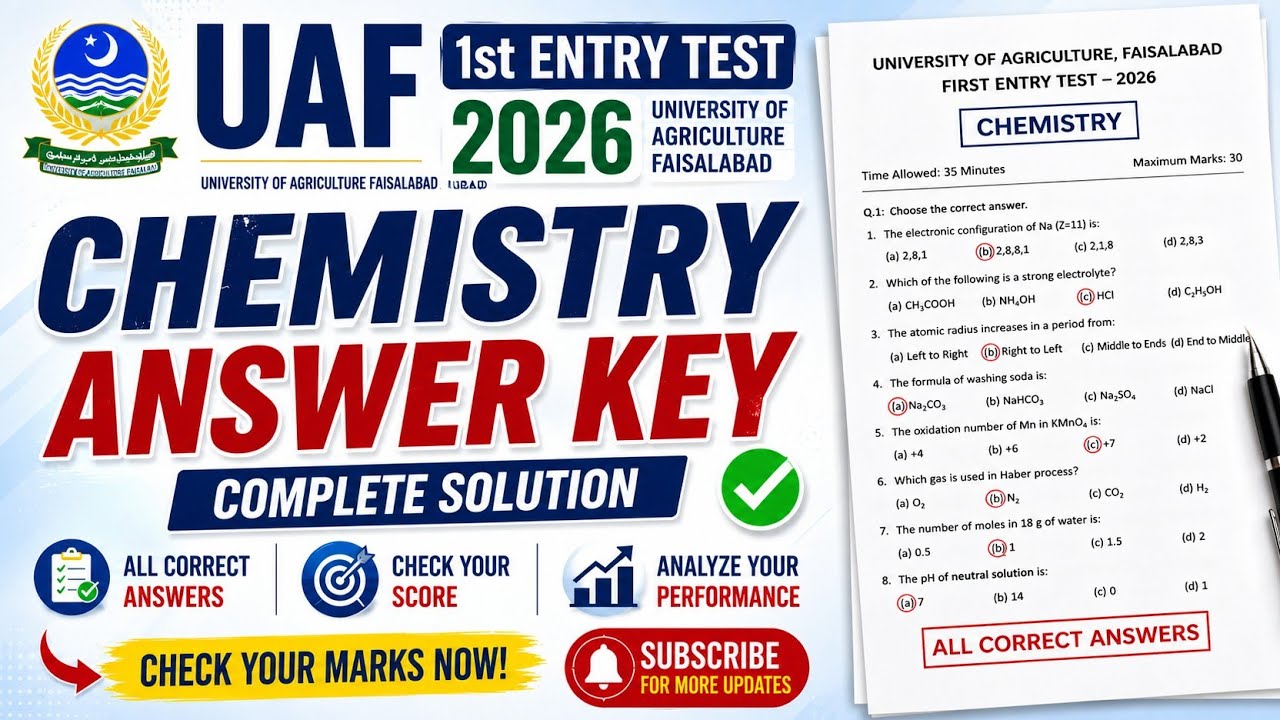 UAF 1st Entry Test 2026 Chemistry Answer Key |Complete Chemistry Paper Solution | UAF Entry Test Key