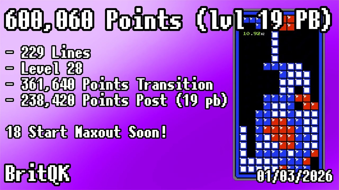 600,060 Points in NES Tetris (Former Level 19 Start PB)