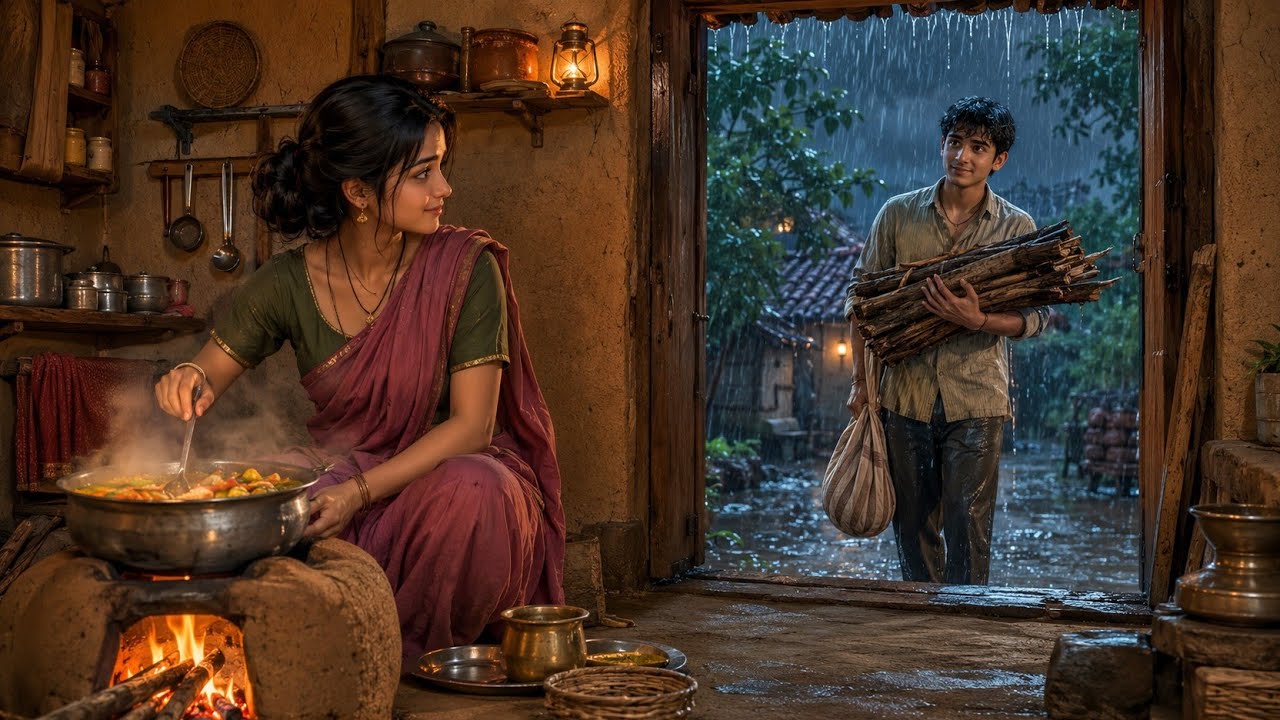 Rainy Night Love Story ❤️ | 1990s Indian Village Romance | Clay Stove Cooking | Monsoon ASMR