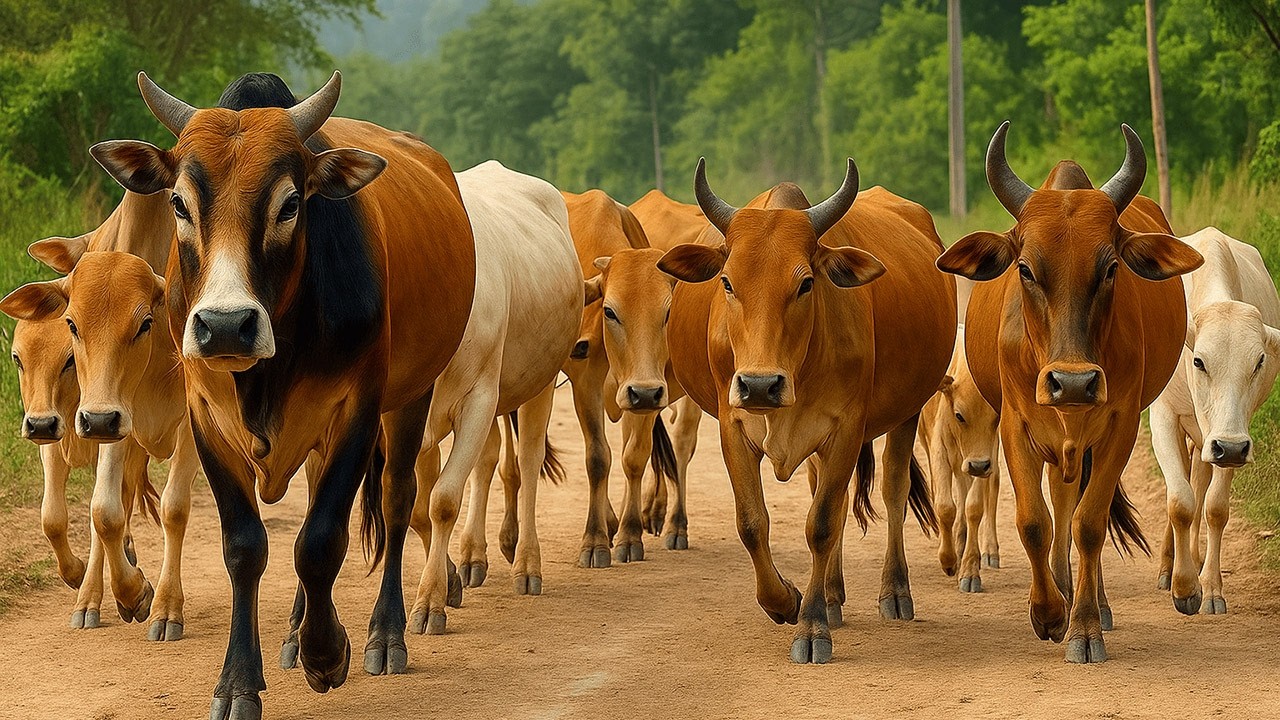 Suara sapi lembu berkeliaran di ladang rumput hijau memanggil kawan untuk berkumpul - Bunyi sapi
