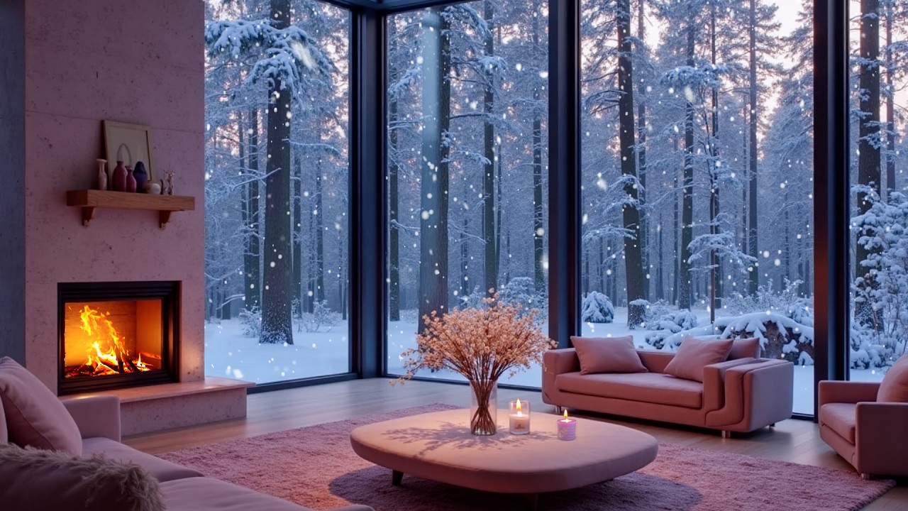 Soft Winter Piano in a Quiet White Room ❄️🎹 | Gentle Snowfall Outside the Window with Cozy Fireplace