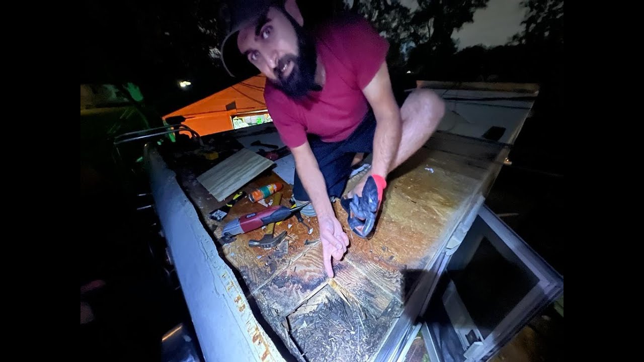 How to repair water damage, RV roof patch. Cheap Fix -Time Lapse Garage Hackes