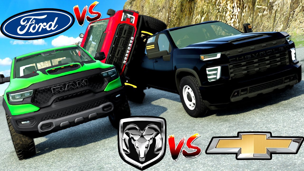 Ford VS Chevy VS Ram Trucks Race Down a Mountain in BeamNG Drive Mods!