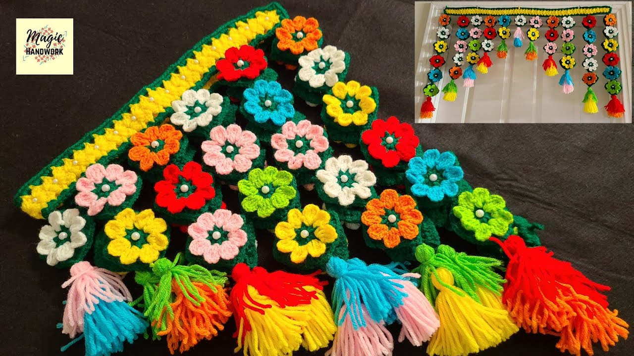 🌼फूल और मोतियों का तोरण और पट्टी, Crochet Woolen Toran, Woolen Bandhanwar, Gate Parda, Jhalar design