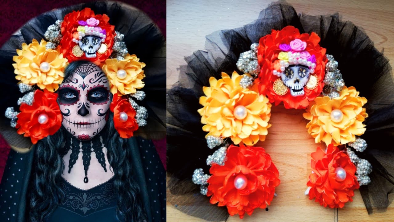 Diadema de catrina - flor de cempasuchitl con liston barrotado