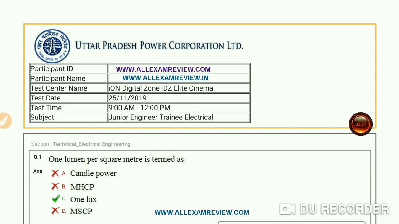UPPCL Junior Engineer (JE) Electrical 25/11/19 1st Shift Official Question paper , answer key