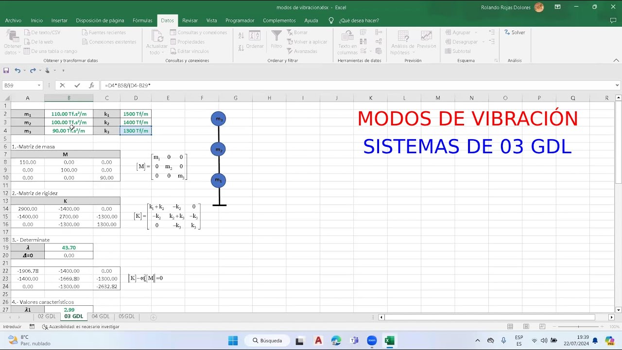 Periodos naturales y modos de vibración - Sistema de 3GDL