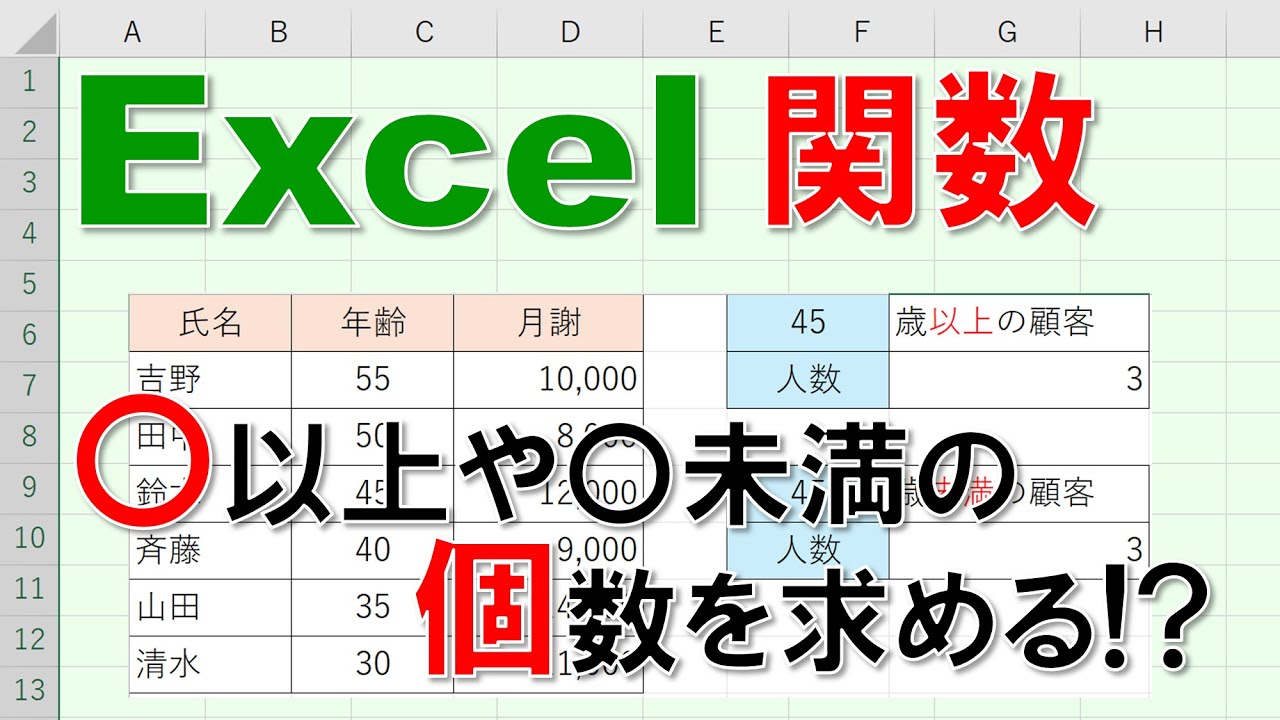 【Excel関数 徹底解説】〇以上や〇未満の個数を求める!!