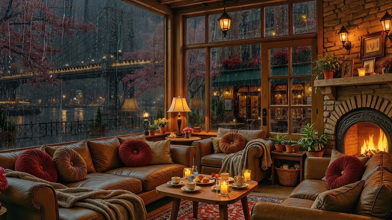Rainy Night Coffee Shop with City Bridge View | Soft Jazz Piano & Fireplace Ambience for Study, Work