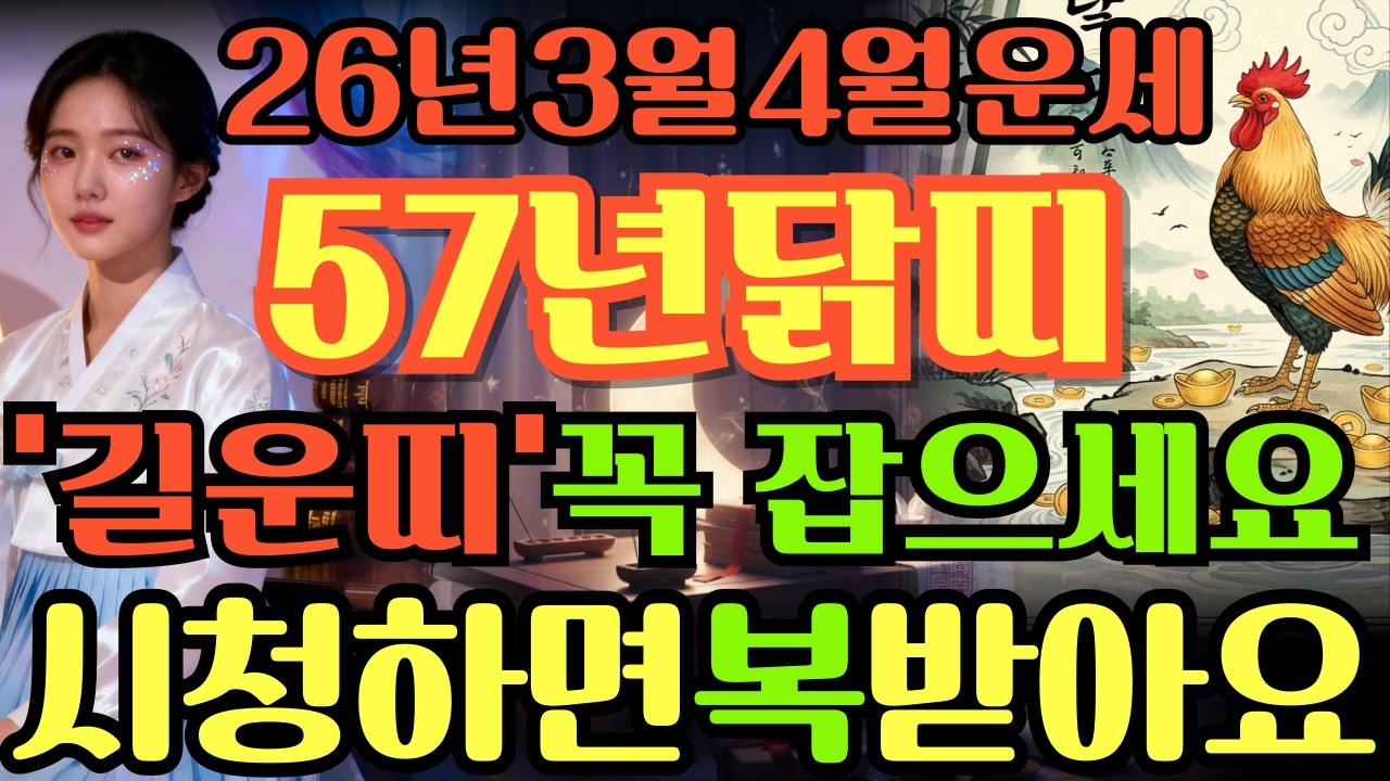 [57년닭띠26년3월,4월운세]안보면100%후회하는1967년정유생닭띠26년3월,4월운세