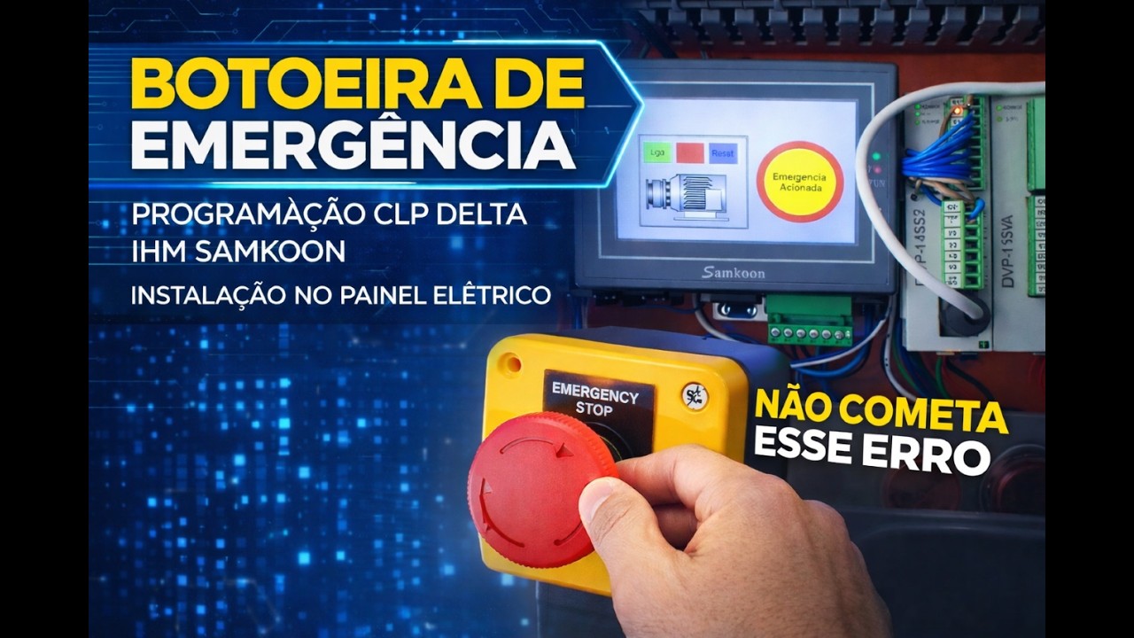 botoeira de emergencia programação clp delta ihm samkoon instalação no painel eletrico