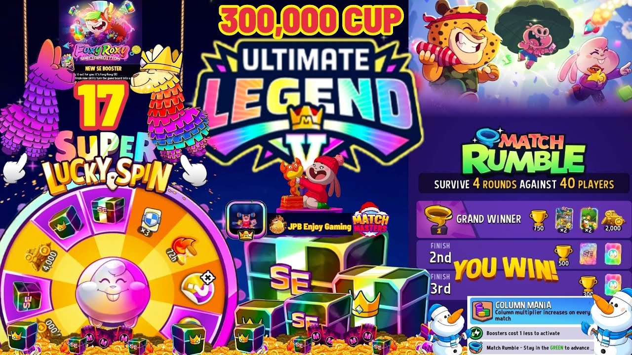 Rewards 300,000 Cup/ 17 Super Spin/ Match Masters 40 Player Column Mania Match Masters.