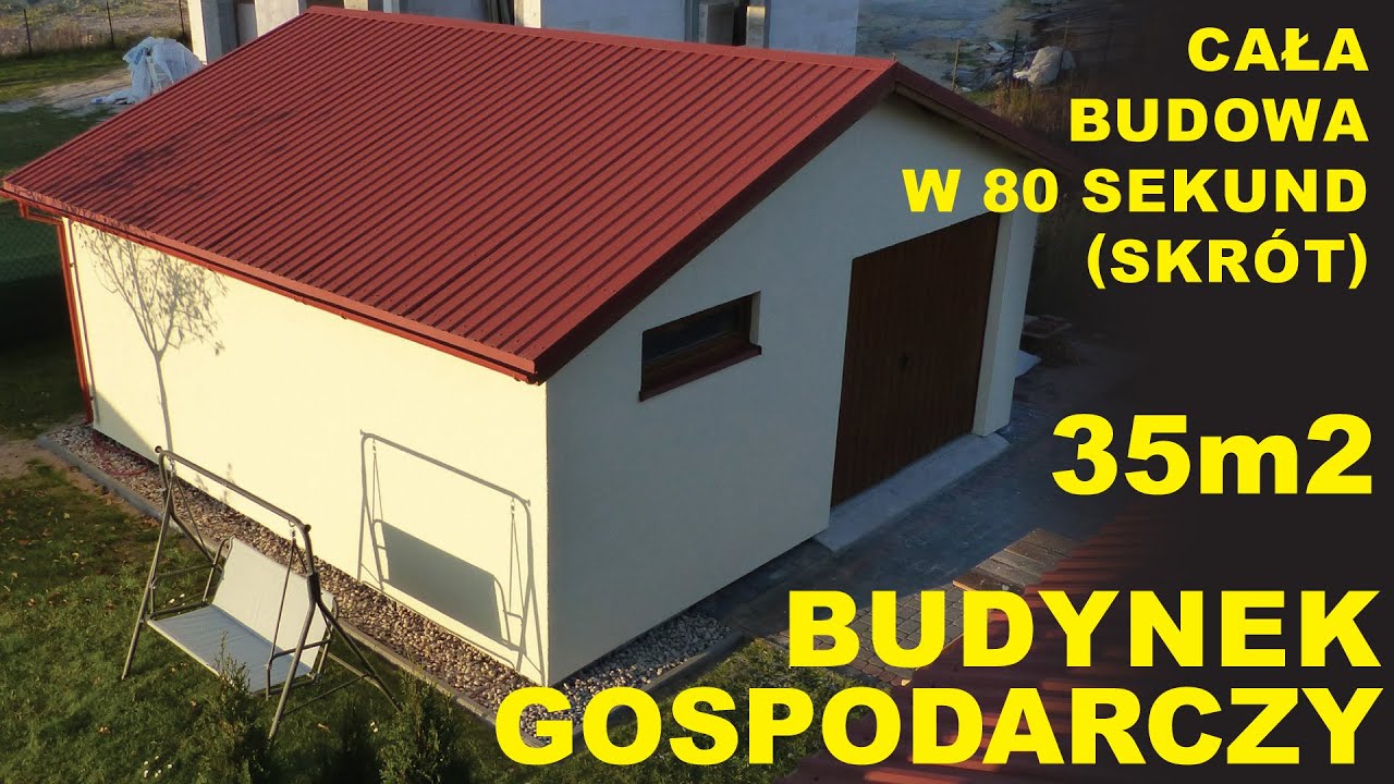 Skrót półrocznej budowy budynku gospodarczego 35 m2 (na zgłoszenie), konstrukcja szkieletowa.