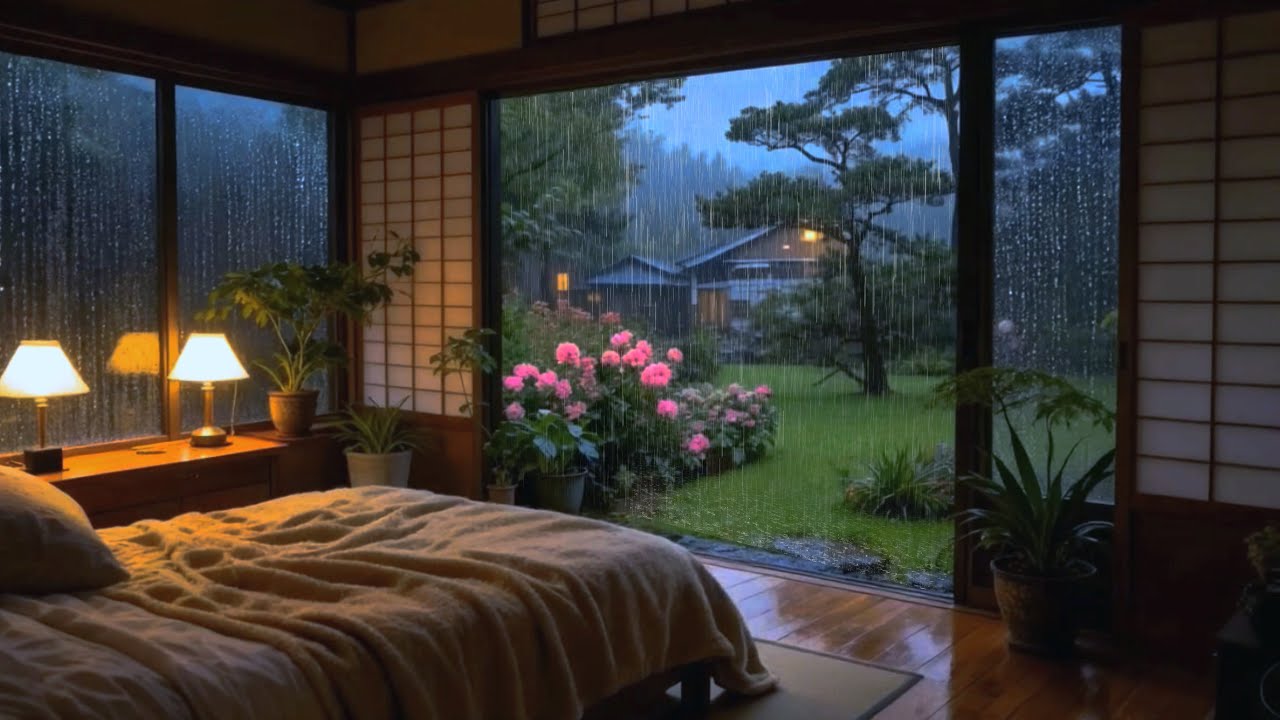 Rainy Night Ambience with Thunder | Relaxing Music for Sleep & Stress Relief