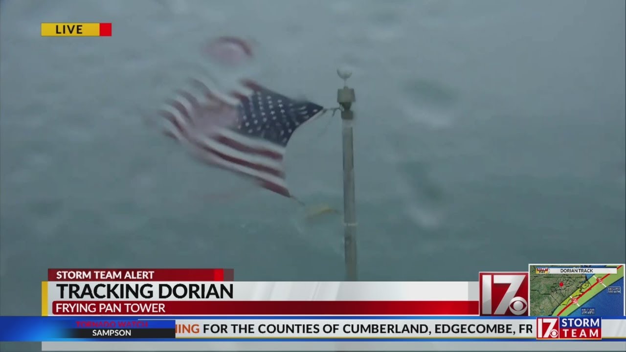 Frying Pan Tower's American flag whipping in the wind