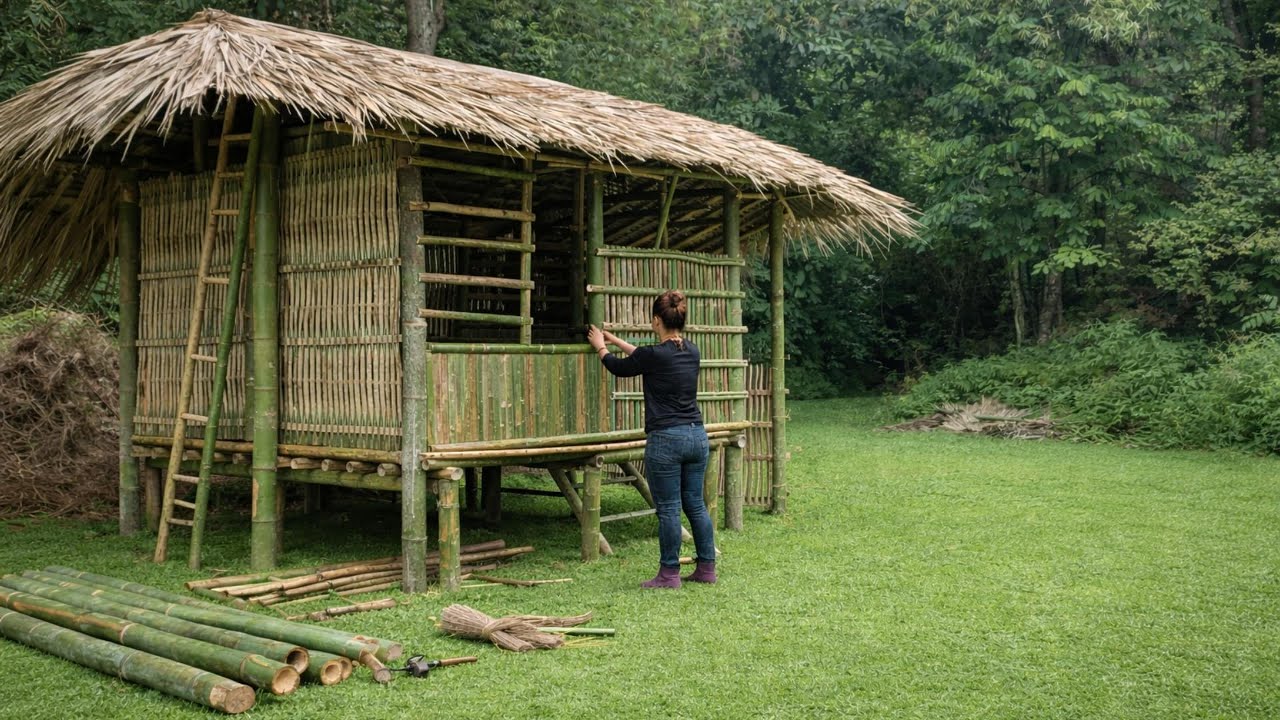 REWIND TIMELAPSE: START to FINISH, the girl built a Bamboo House alone.
