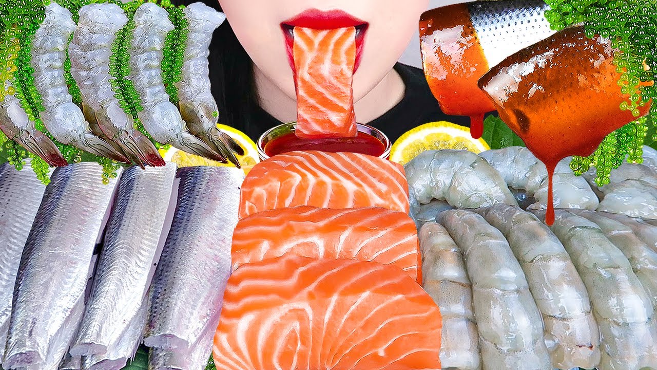 ASMR RAW SEAFOOD MUKBANG 전어회, 새우회, 연어회, 바다포도 먹방 RAW SALMON, SHRIMP,  SEA GRAPES EATING SOUNDS KOREAN