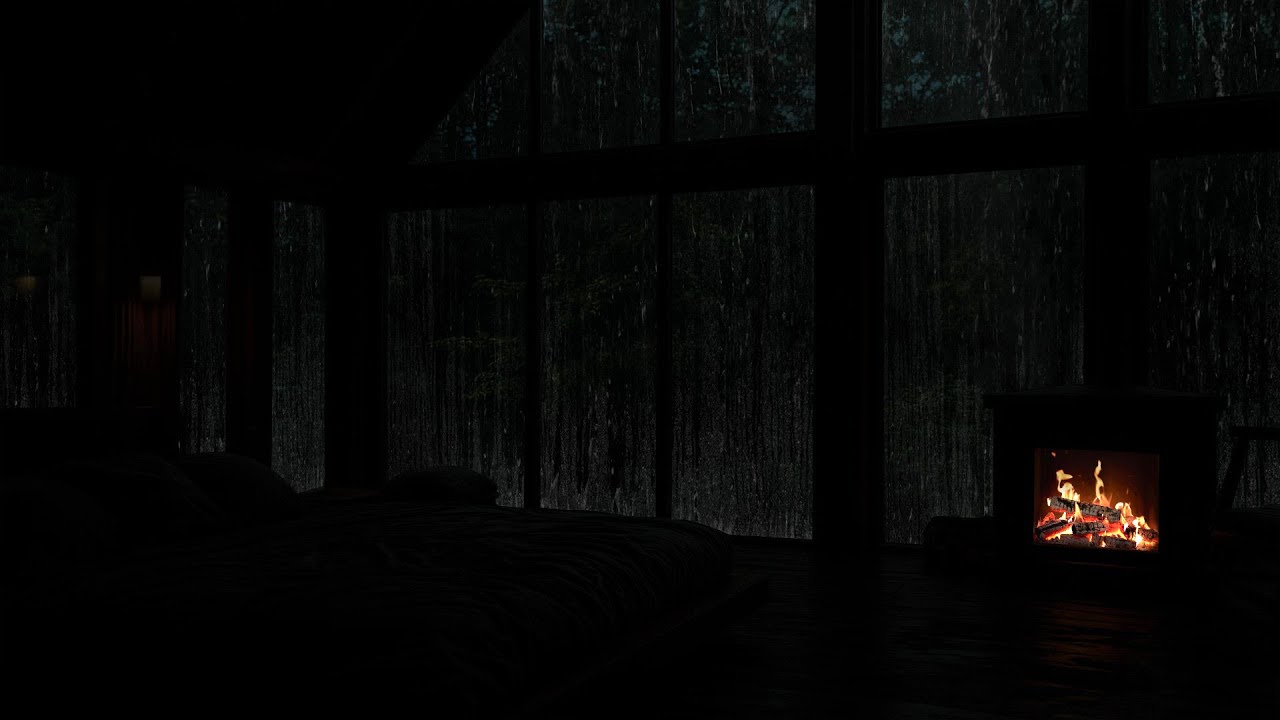 Cozy Bedroom Rain at the Window 🌧️ Warm Crackling Fireplace Sounds for Deep Sleep & Relaxation