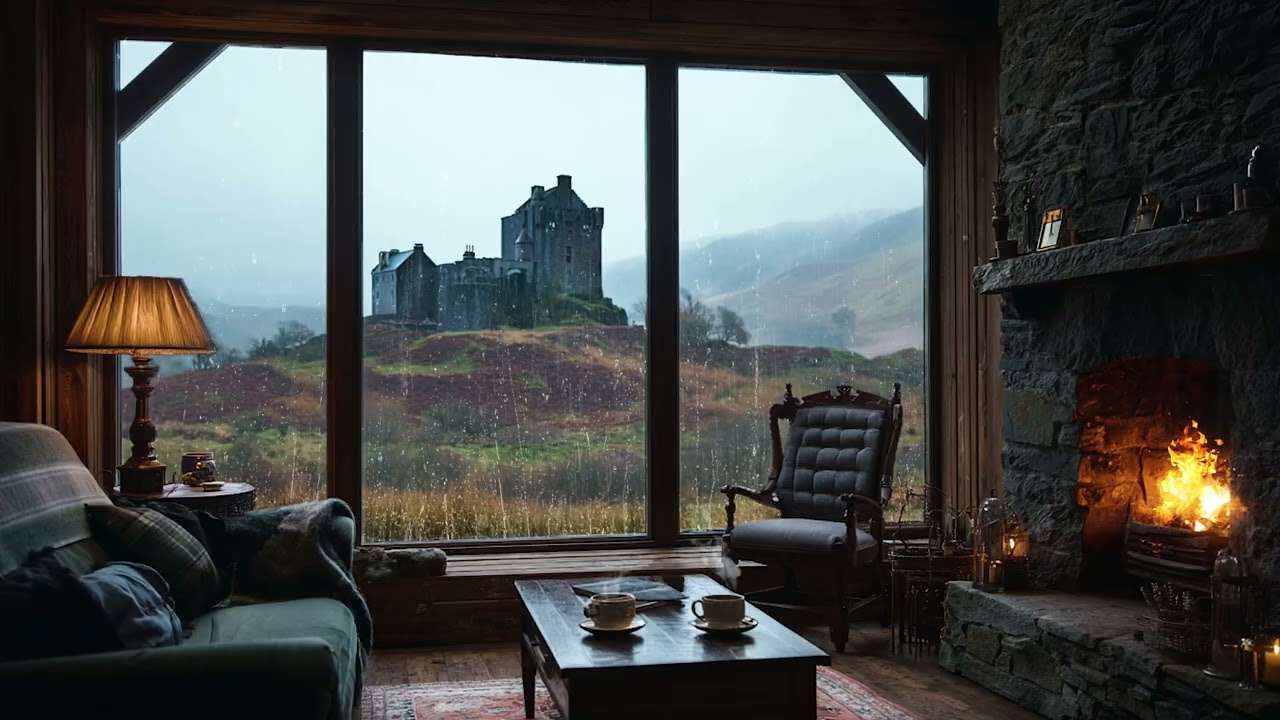 Scottish Ambience – Cozy Highlands Library Rain & Crackling Fire for Deep Relax