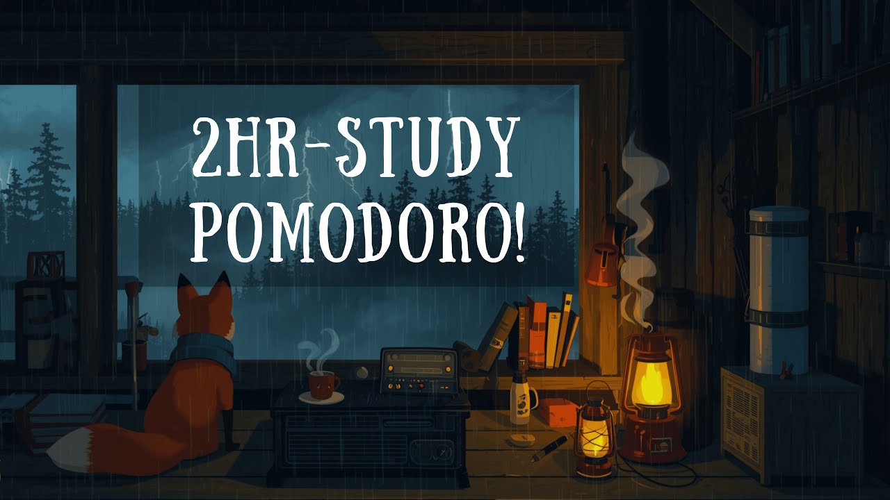 2 Hour Pomodoro Study Session ⏳ | Rainy Cabin Ambience 🌧️ Thunderstorm for Deep Focus | LoFi Timer