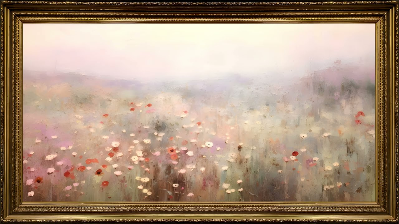 Misty Meadow Mountain, Impressionist Oil Painting | Gold Framed TV Valentine Art Screensaver