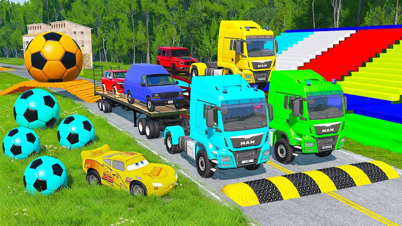 Flatbed Trailer McQueen Transportation with Truck | Speedbumps vs Cars vs Train  | BeamNG.Drive 07