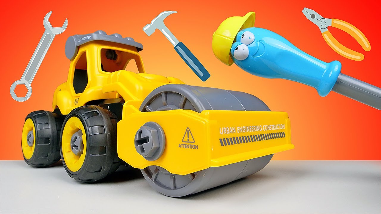 O rolo compressor quebrou! História infantil com brinquedos e veículos de serviço em português