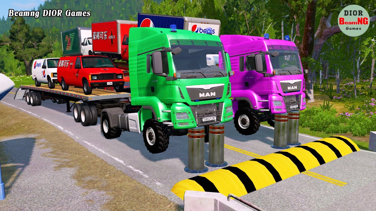 Double Flatbed Trailer Truck vs speed bumps|Tractor vs Train|Beamng Drive|248