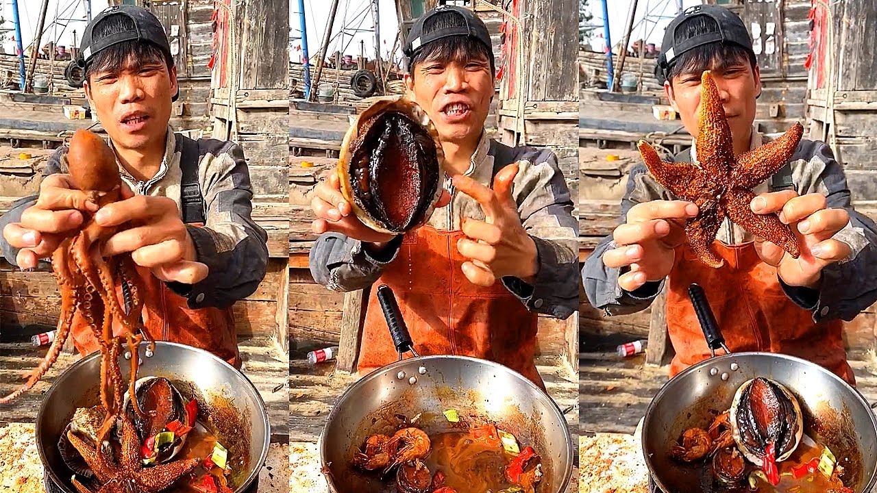 Fishermen eating seafood dinners are too delicious 666 help you stir-fry seafood to broadcast live十七