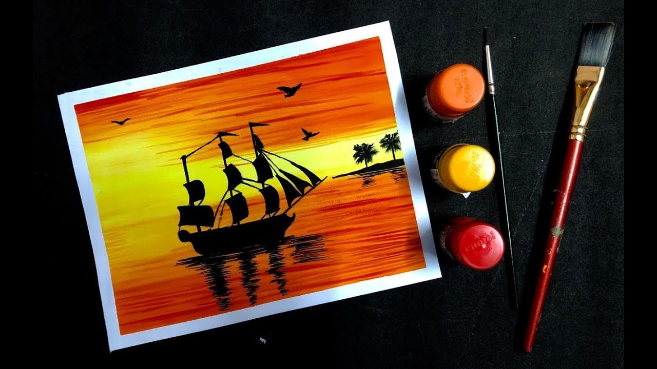 Painting a Beautiful Sunset Scenery Painting with Poster Colours | Easy Poster Colour Painting