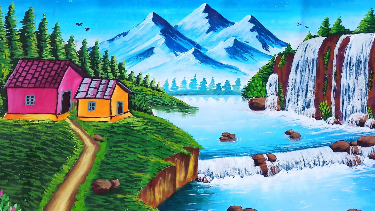 Mountain Scenery Drawing And Painting || Village Scenery Drawing And Painting||Beautiful Landscape