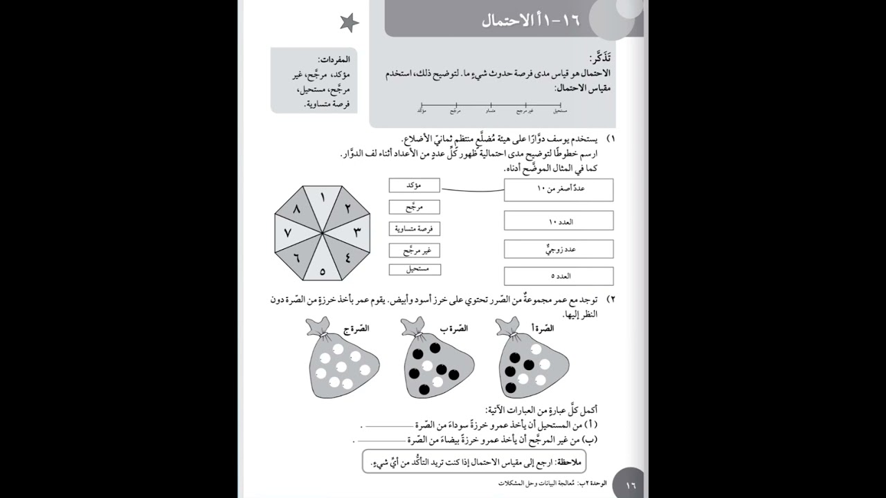 حل اسئله درس تفسير البيانات و درس الاحتمال مادة الرياضيات كتاب النشاط الصف خامس الفصل الدراسي الثاني