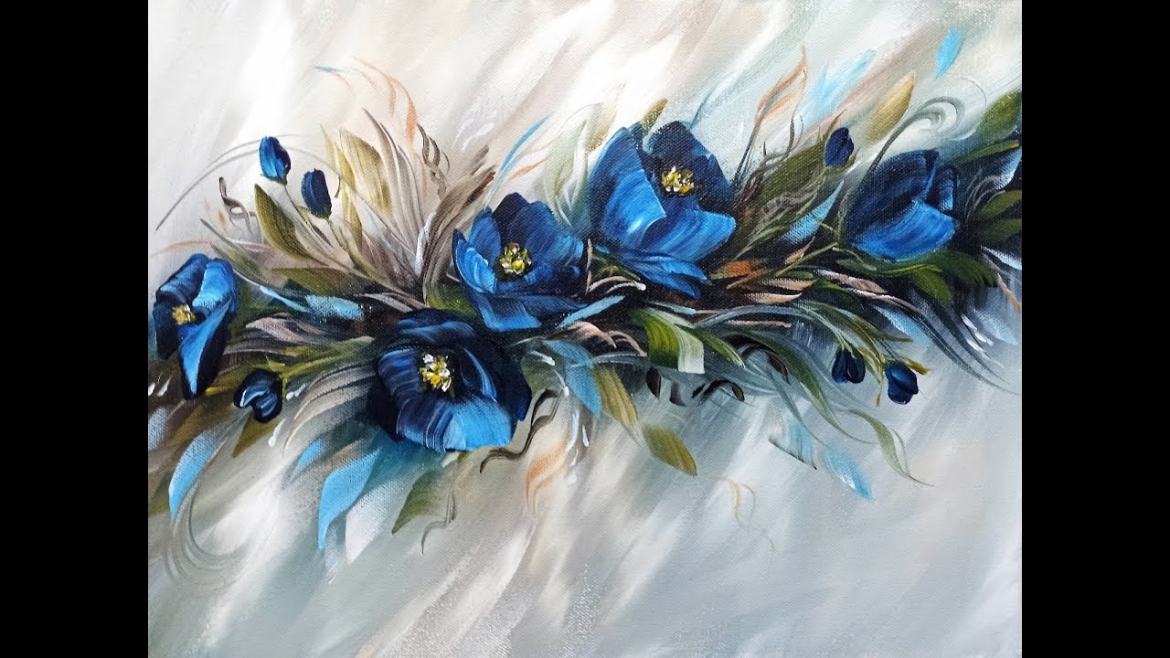 Blue Flowers, Acrylic Painting, Palette Knife, 1Brush, Blaue Blumen, Acrylmalerei, Malmesser, V421