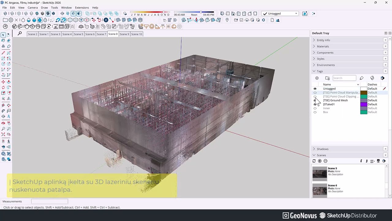 SketchUp + Scan Essentials papildinys | Sandėlio modeliavimas remiantis 3D taškų debesimi