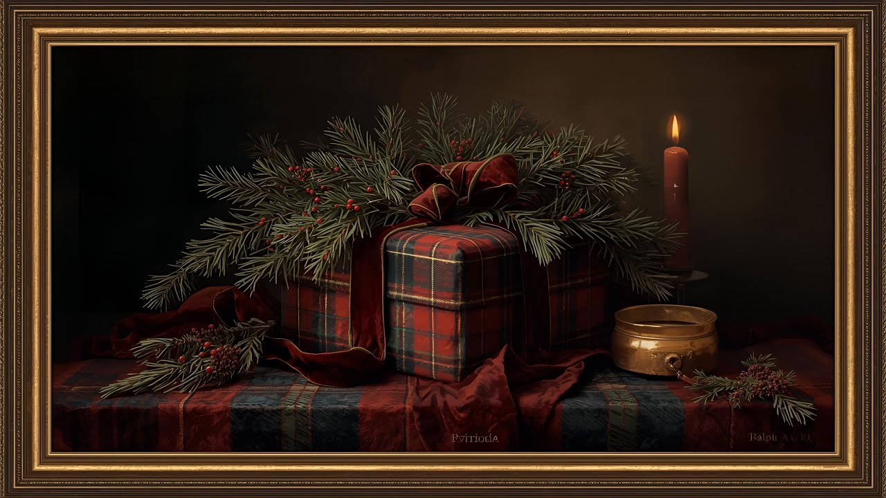 Moody Tartan Christmas Gifts in Gold Frame | Old Money Holiday TV Art Screensaver @99for1TVart 