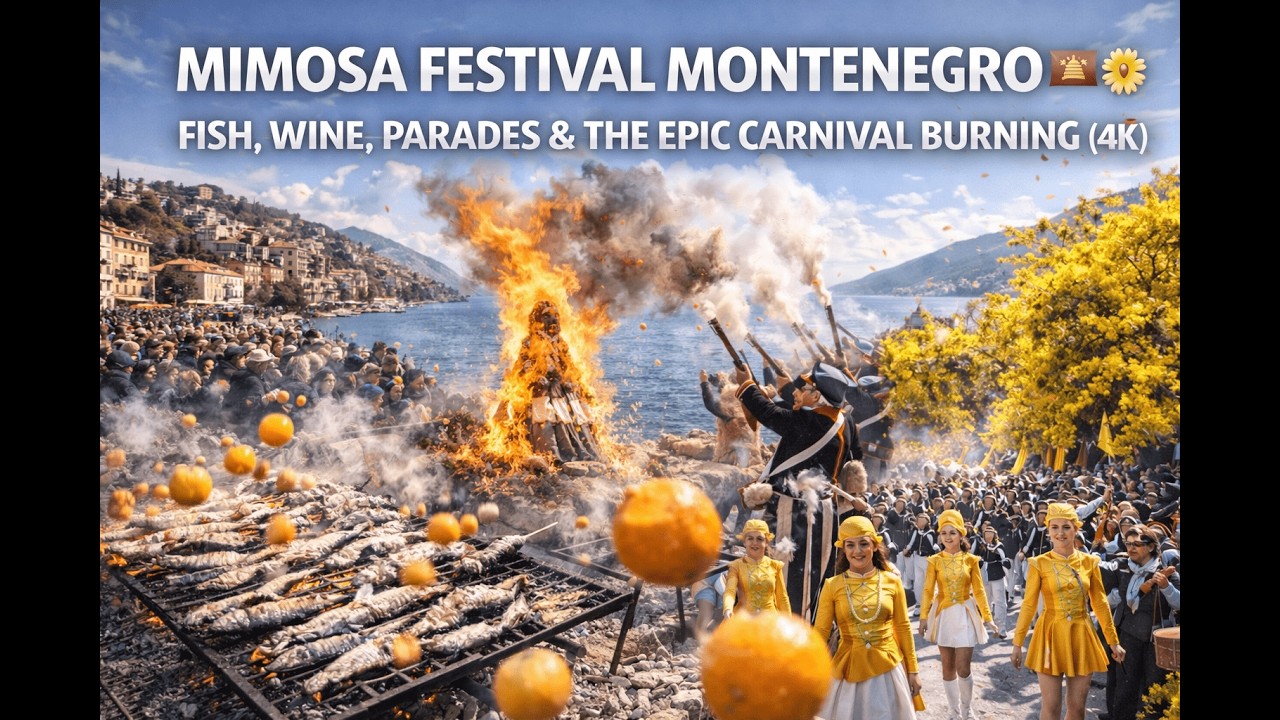 MIMOSA FESTIVAL MONTENEGRO 🇲🇪🌼 FISH, WINE, PARADES & THE EPIC CARNIVAL BURNING (4K)
