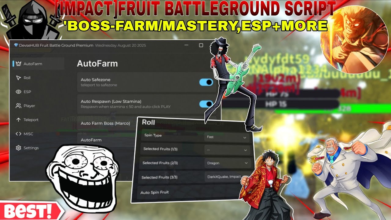 [Impact] Скрипты Fruit Battleground: автопрокат, макросы Autofarm Boss/Mastery, Esp, Hitbox и мно...