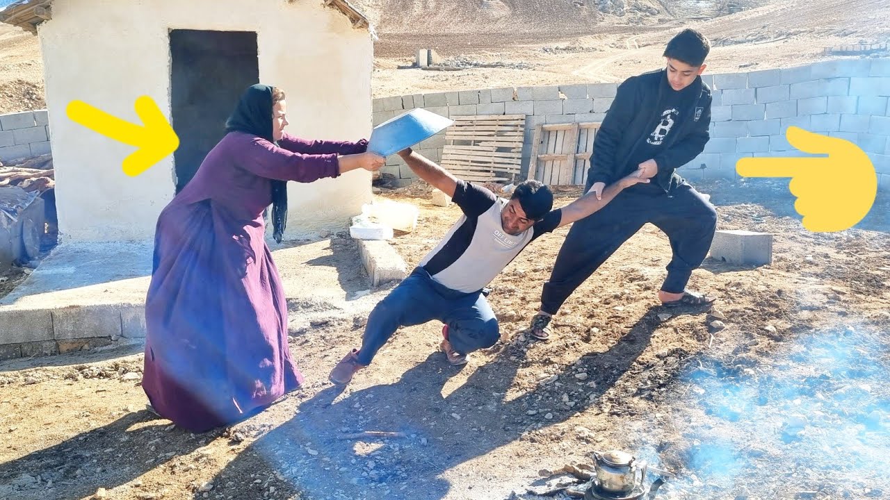 Cleaning around the house by Omid and his family in winter