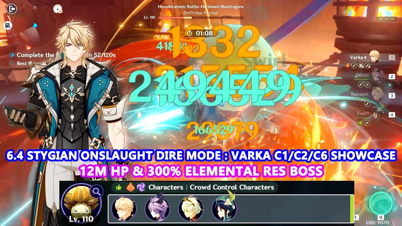 6.4 Stygian Onslaught Dire Mode : 12M HP & 300% Elemental Res Boss : Varka C1/C2/C6 Showcase