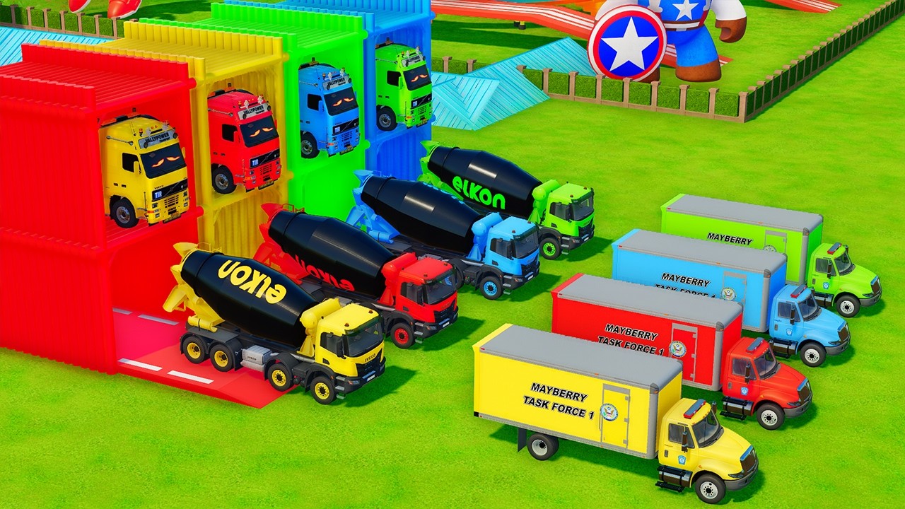 Garage with Colors - ALL MIXER TRUCK WITH DOUBLE FLATBED TRAILER TRUCKS, SCANIA, NISSAN, KAMAZ