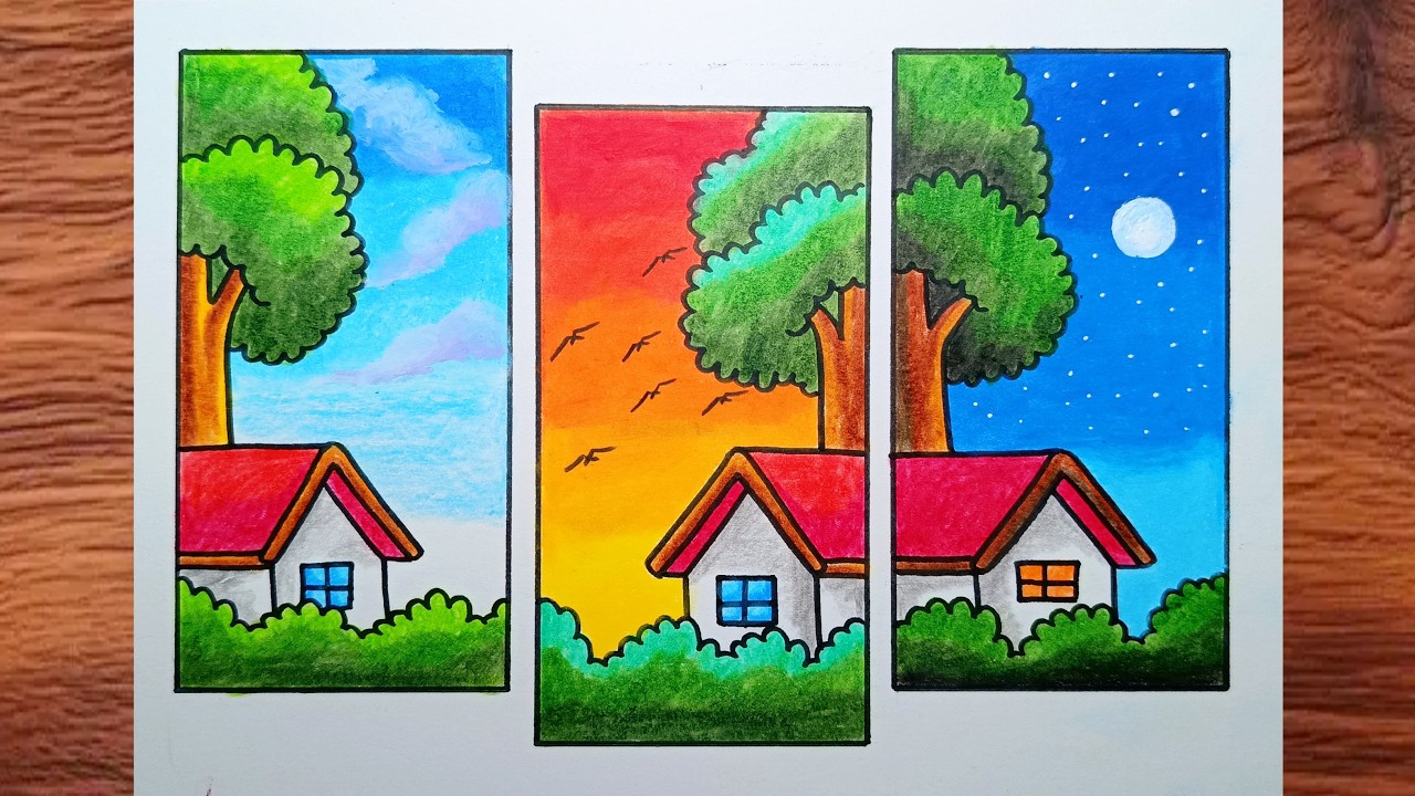 How to Draw a House Scenery in 3 Times: Morning, Afternoon, Night (Very Easy!)