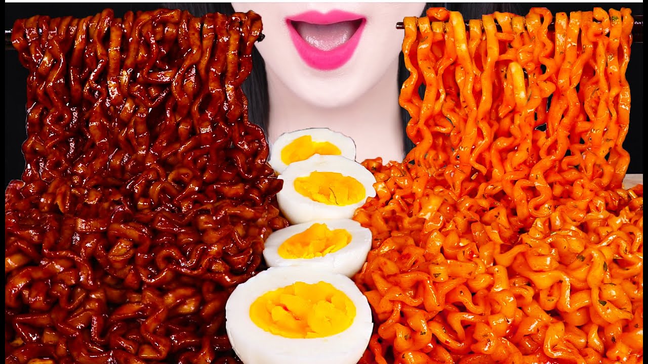 ASMR BLACK BEAN NOODLES, SPICY FIRE NOODLES, BOILED EGG 짜장 라면, 까르보 불닭 볶음면, 삶은 달걀 먹방 JANE ASMR 제인