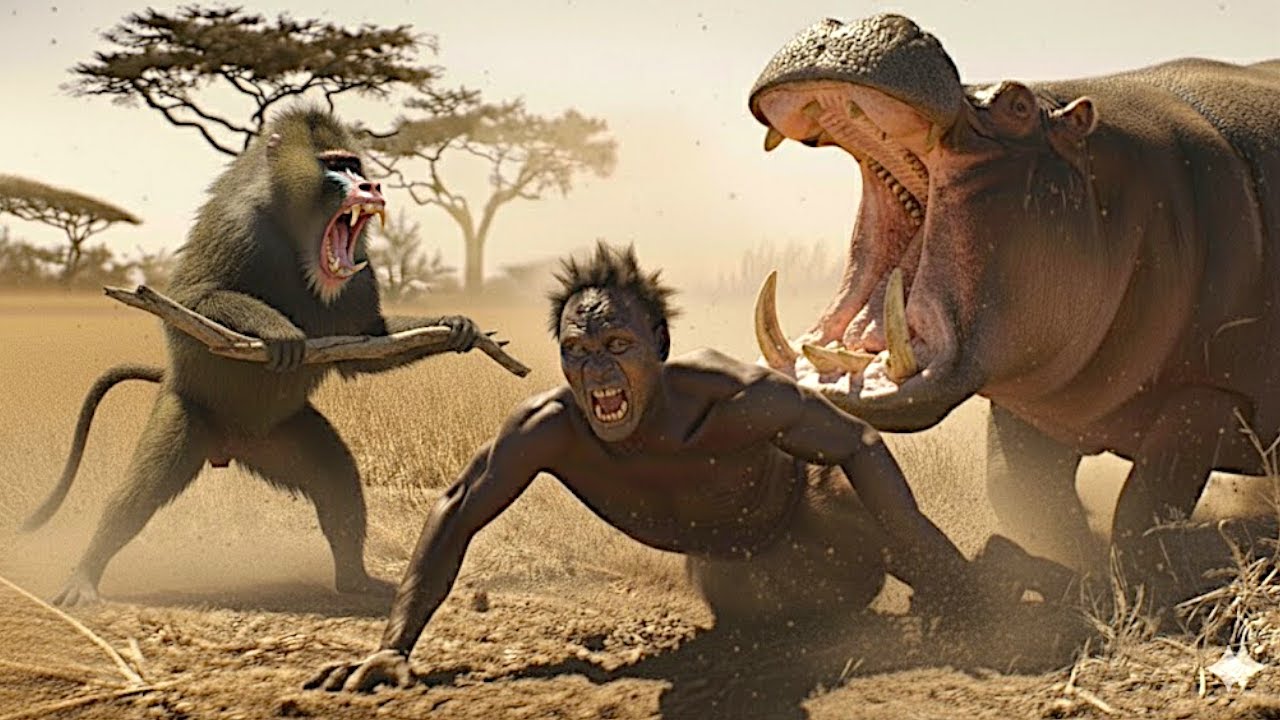 Life Millions of Years Ago | A Prehistoric Human Faces Off Against a Giant Prehistoric Hippopotamus.