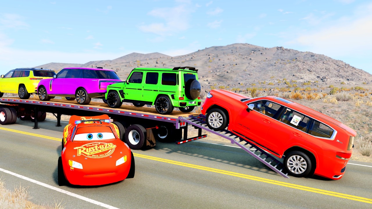 Flatbed Truck McQueen | Transportation with Truck - Speedbumps vs Cars vs Train - BeamNG.Drive #32
