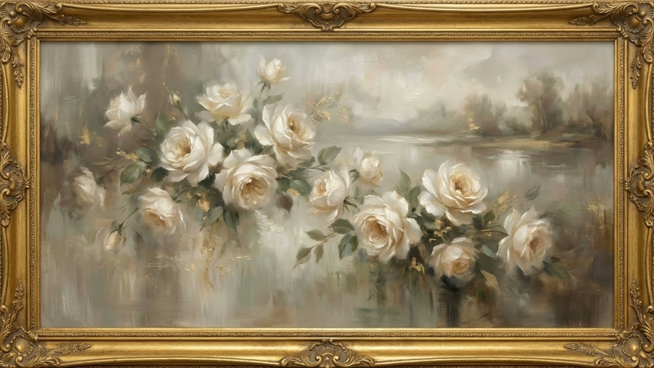 Romantic White Roses 4K TV Art Frame | Classical Impressionist Oil Painting Screensaver
